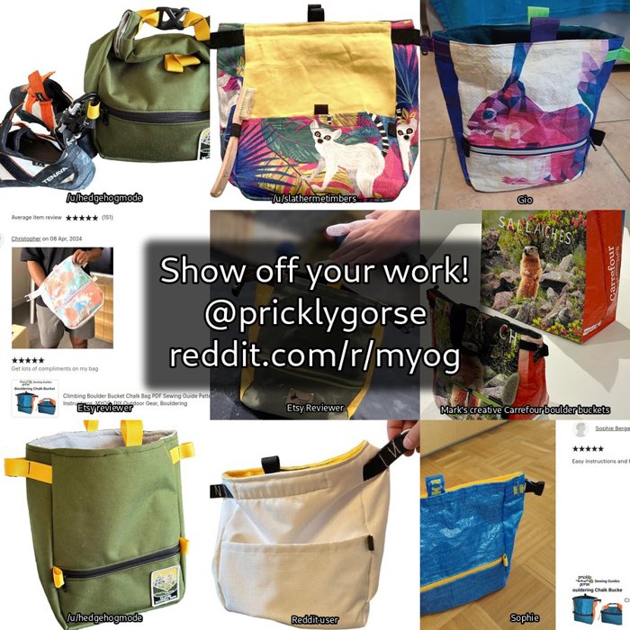 Montage of bags made by the community from this pattern